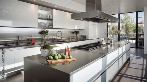 A contemporary kitchen with sleek white walls and stainless steel accents, the high-definition camera capturing the clean and modern design. photo
