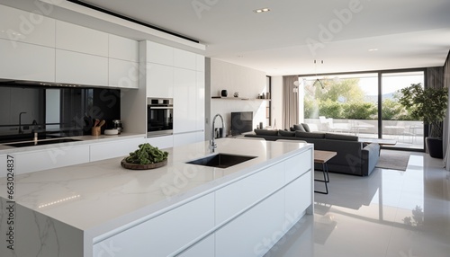 A contemporary kitchen with sleek white walls  the high-resolution camera capturing the clean and modern aesthetic  enhancing the functionality of the space.