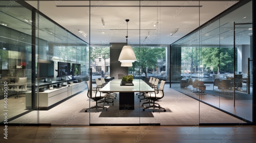A contemporary office space with glass walls, the HD camera showcasing the transparent and open design that fosters a bright and collaborative workspace. A contemporary office space with glass walls, the HD camera showcasing the transparent and open design that fosters a bright and collaborative workspace.