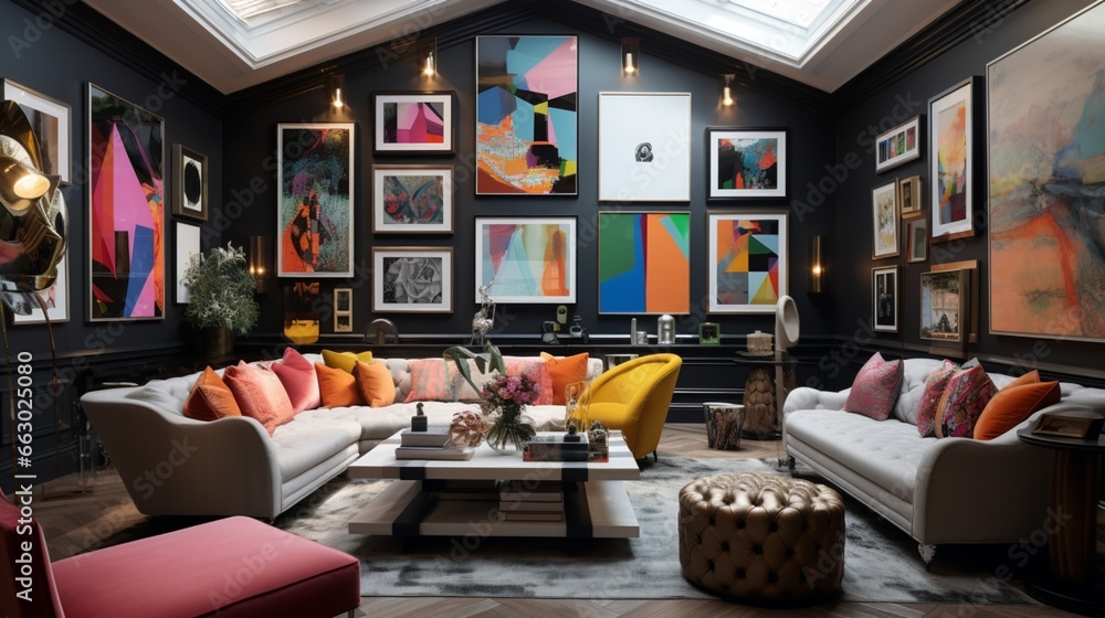 A cozy and eclectic living room with gallery walls, the HD camera capturing the curated collection of artwork, expressing the vibrant personality of the space. A cozy and eclectic living room with gallery walls, the HD camera capturing the curated collection of artwork, expressing the vibrant personality of the space.