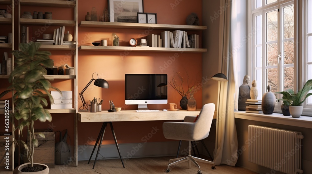 A cozy home office with warm-toned interior walls, the high-resolution camera emphasizing the inviting and productive atmosphere of the workspace. A cozy home office with warm-toned interior walls, the high-resolution camera emphasizing the inviting and productive atmosphere of the workspace.