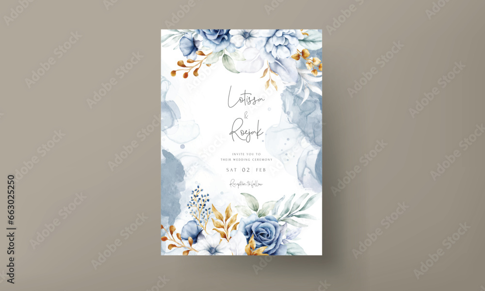 wedding invitation card with beautiful white blue and gold floral