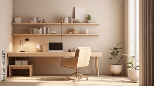 A cozy home office with neutral-colored walls  showcasing minimalist decor and ergonomic furniture  creating a productive and inviting workspace.