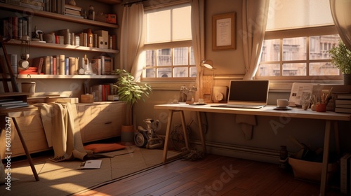 A cozy home office with warm-toned interior walls, the high-resolution camera emphasizing the inviting and productive atmosphere of the workspace.