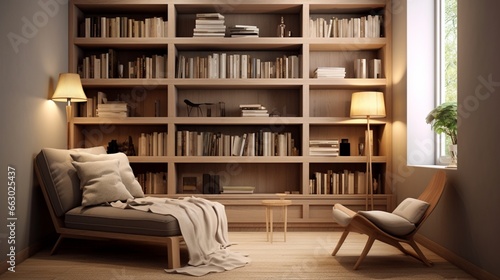 A cozy reading corner with built-in bookshelves and neutral interior walls  the high-definition camera highlighting the comfort and intellectual ambiance.