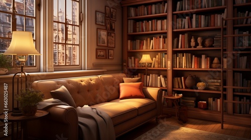 A cozy reading corner with built-in bookshelves and warm-toned walls, the HD camera capturing the inviting and literary atmosphere.