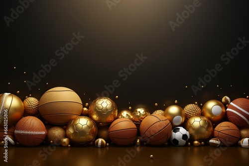 Sports ball banner with tennis  football  soccer  basketball in gold. 3D render illustration. Generative AI