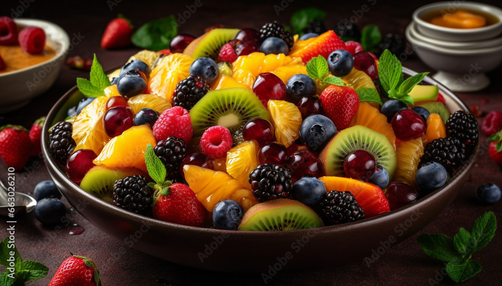 Organic berry salad with fresh raspberry and strawberry variation, gourmet snack generated by AI Organic berry salad with fresh raspberry and strawberry variation, gourmet snack generated by AI