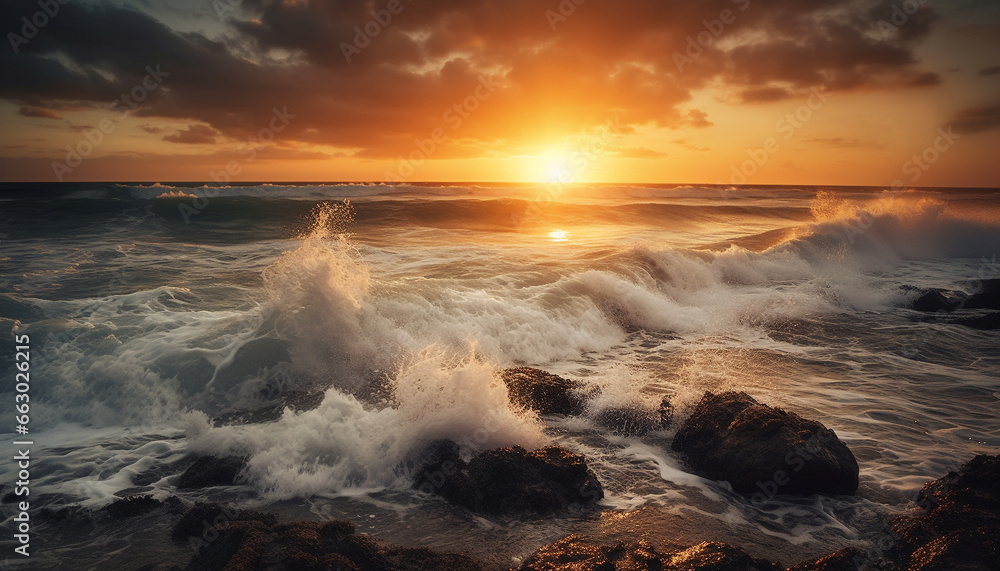 Tranquil seascape  sunset over horizon, waves breaking on rocks generated by AI