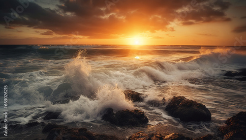 Tranquil seascape  sunset over horizon, waves breaking on rocks generated by AI © djvstock