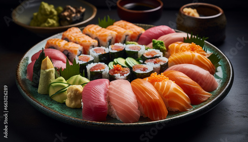 Fresh seafood plate with nigiri and maki sushi variations generated by AI