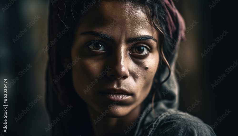 Confident young woman with brown hair, looking at camera indoors generated by AI Confident young woman with brown hair, looking at camera indoors generated by AI