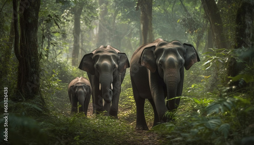 Tranquil scene of large elephant herd walking in wilderness area generated by AI