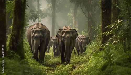 Elephant herd walking in tranquil tropical rainforest, surrounded by wildlife generated by AI