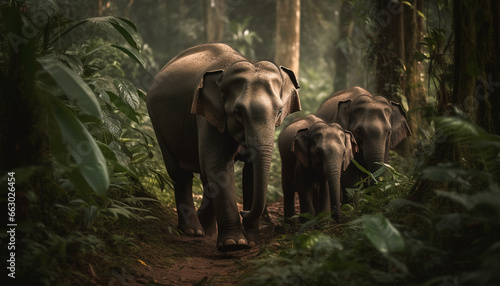 Walking elephant family in tranquil tropical rainforest environment generated by AI