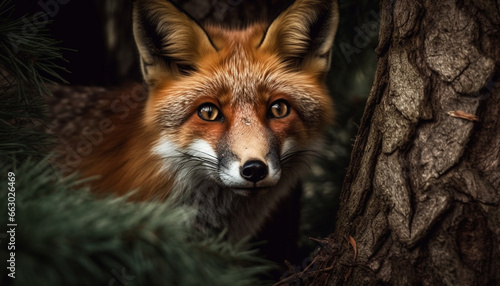 Fluffy fox in winter forest, alert and staring at camera generated by AI