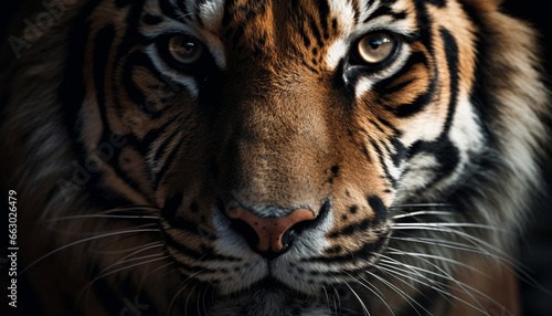 Big cat staring, majestic beauty in nature, wild tiger portrait generated by AI