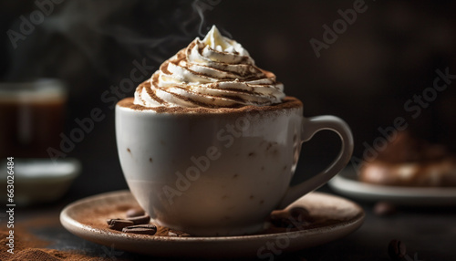 Hot drinks on rustic table latte, cappuccino, mocha, hot chocolate generated by AI