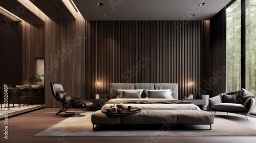 A luxurious master bedroom with textured interior walls, the high-resolution camera emphasizing the plush furnishings and the overall opulence of the room. photo