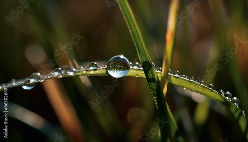 Fresh green dew drops on a blade of grass in summer generated by AI