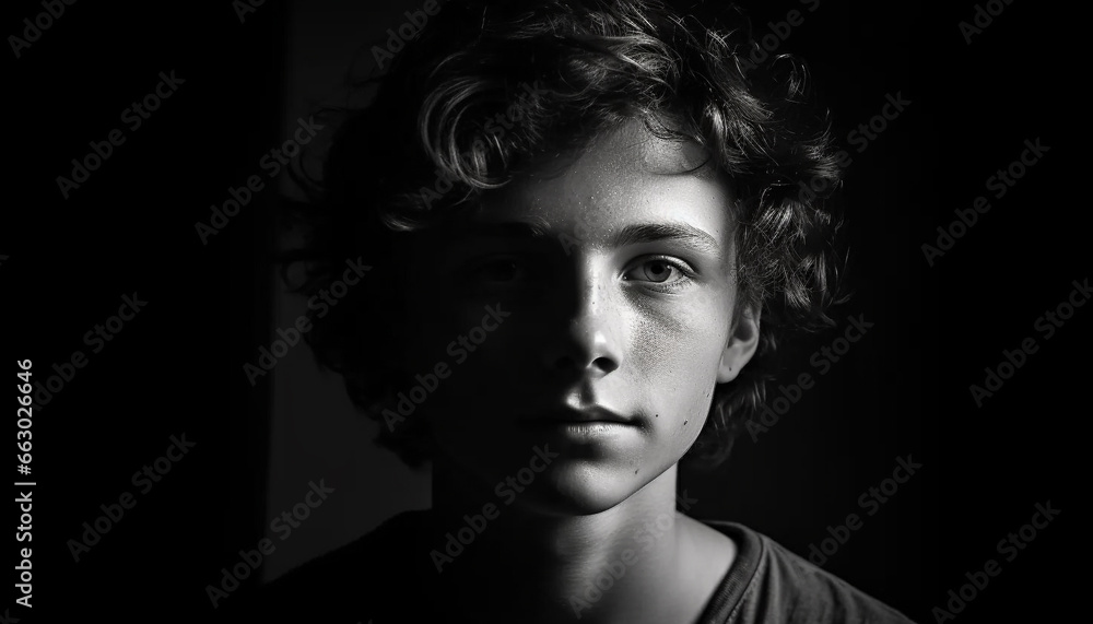 Cute curly haired boy with serious expression looking at camera indoors generated by AI