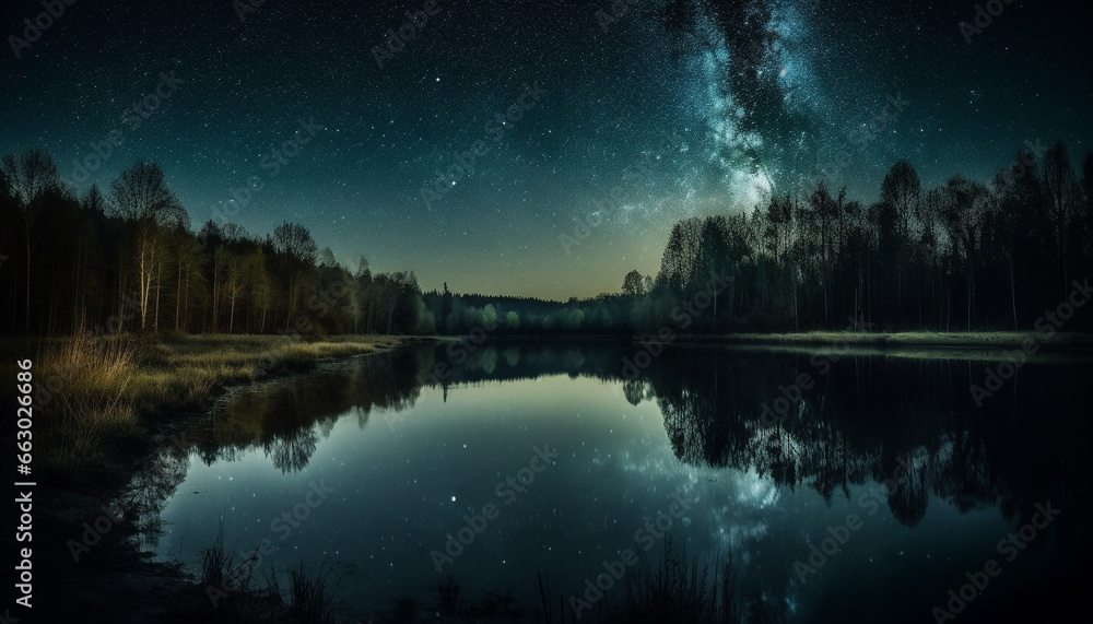 Tranquil scene illuminated by star field and Milky Way galaxy generated by AI