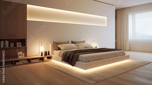 A minimalist bedroom with white walls and soft lighting  the HD camera emphasizing the simplicity and tranquility of the modern design.