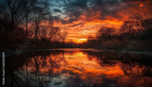 Tranquil sunset reflects vibrant nature beauty in orange silhouette generated by AI