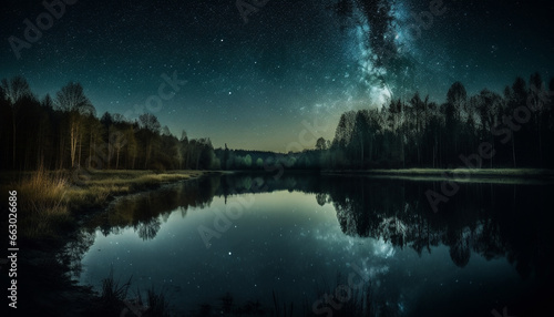 Tranquil scene illuminated by star field and Milky Way galaxy generated by AI