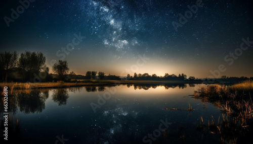 Milky Way galaxy illuminates tranquil landscape, star trail reflects beauty generated by AI © djvstock