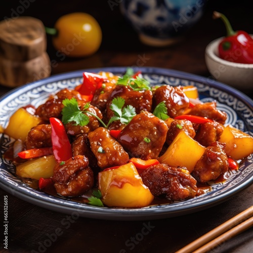 Experience the Irresistible Flavors of Chinese Cuisine with Sweet and Sour Pork, a Delectable Dish Featuring Tender Pork, Pineapple, and Salsa