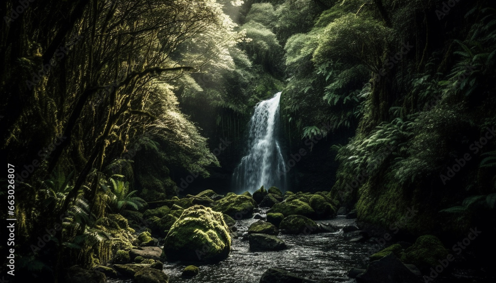Tranquil scene of flowing water in tropical rainforest, natural beauty generated by AI Tranquil scene of flowing water in tropical rainforest, natural beauty generated by AI