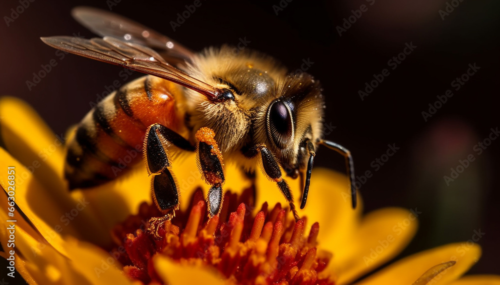 Busy honey bee collecting pollen from single flower in springtime generated by AI Busy honey bee collecting pollen from single flower in springtime generated by AI