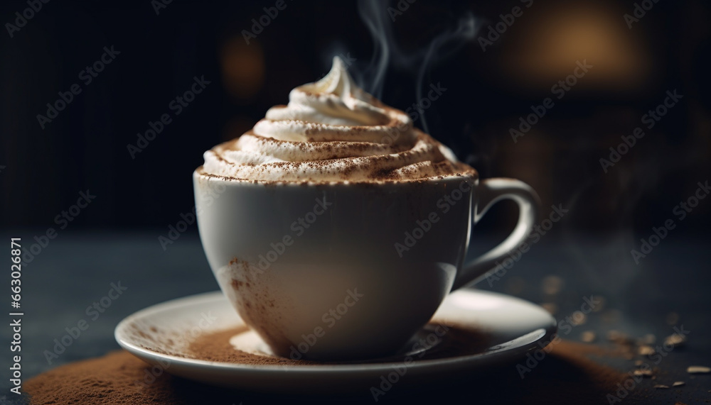 Hot coffee drinks on wooden table, frothy milk and chocolate generated by AI Hot coffee drinks on wooden table, frothy milk and chocolate generated by AI