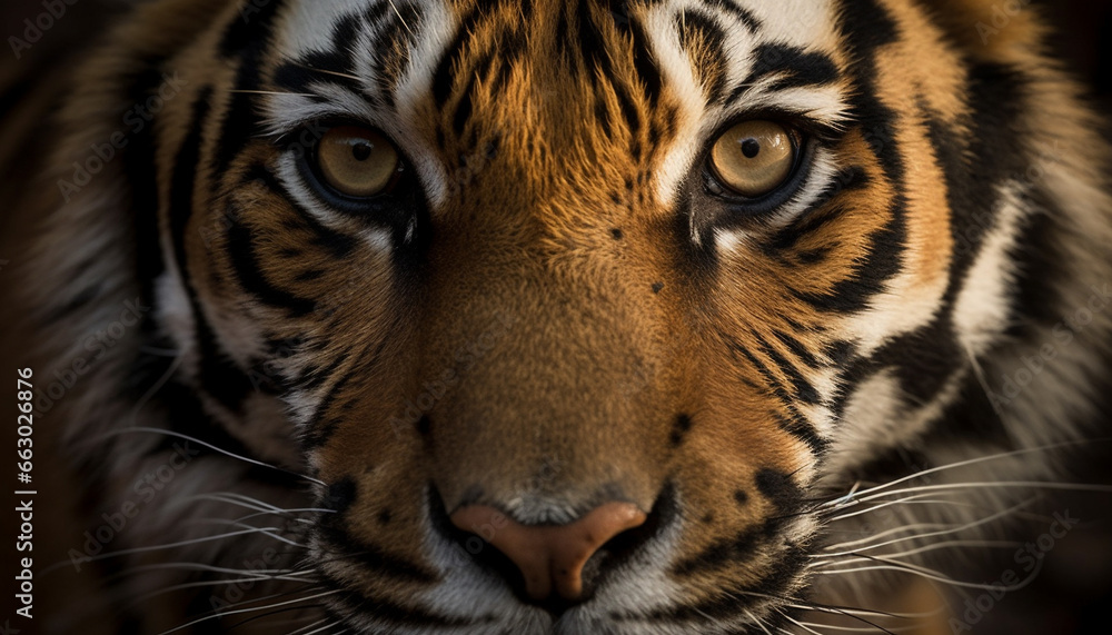 Obraz premium Majestic tiger staring at camera, showcasing beauty in nature generated by AI