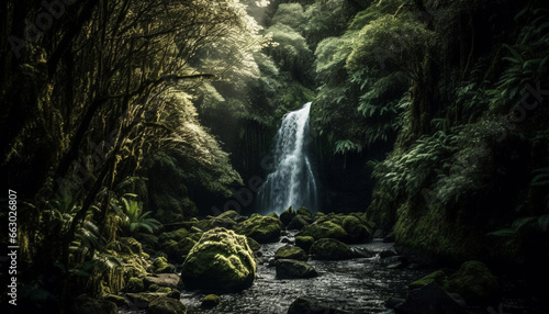 Tranquil scene of flowing water in tropical rainforest  natural beauty generated by AI