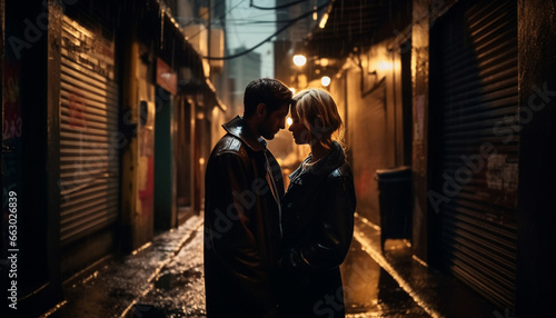 Romantic young couple embracing in the illuminated city nightlife generated by AI © djvstock