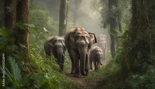 Elephant family walking through wet tropical rainforest in tranquil scene generated by AI © djvstock