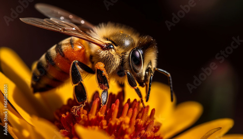 Busy honey bee collecting pollen from single flower in springtime generated by AI