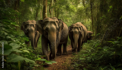 Elephant family walking in tranquil tropical rainforest wilderness area generated by AI