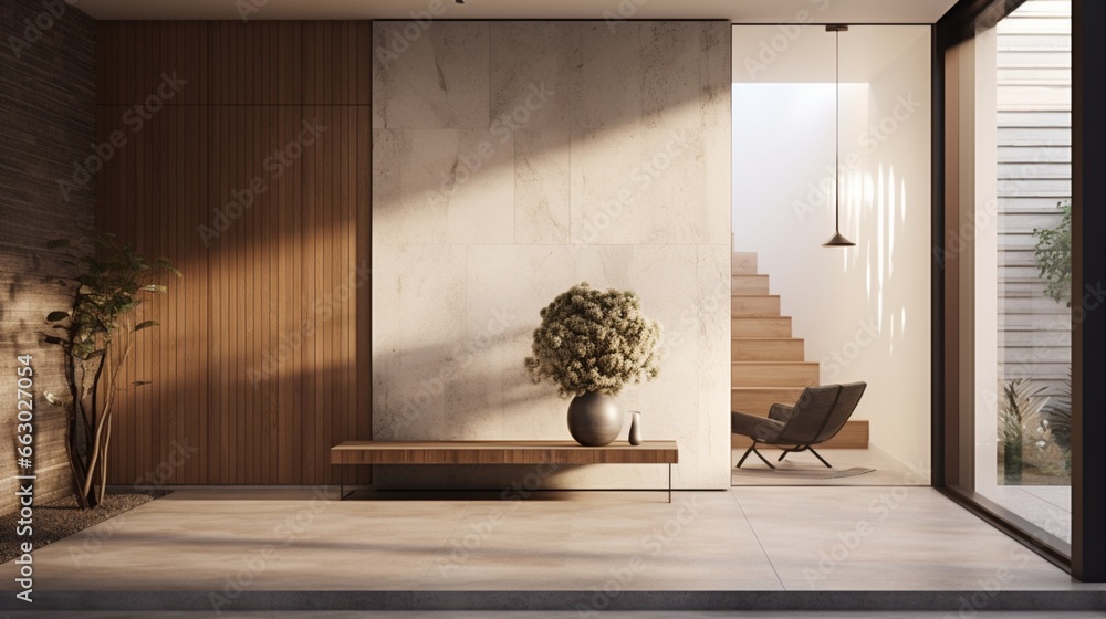 Image showcasing A modern and inviting entryway with a textured accent wall, the high ...