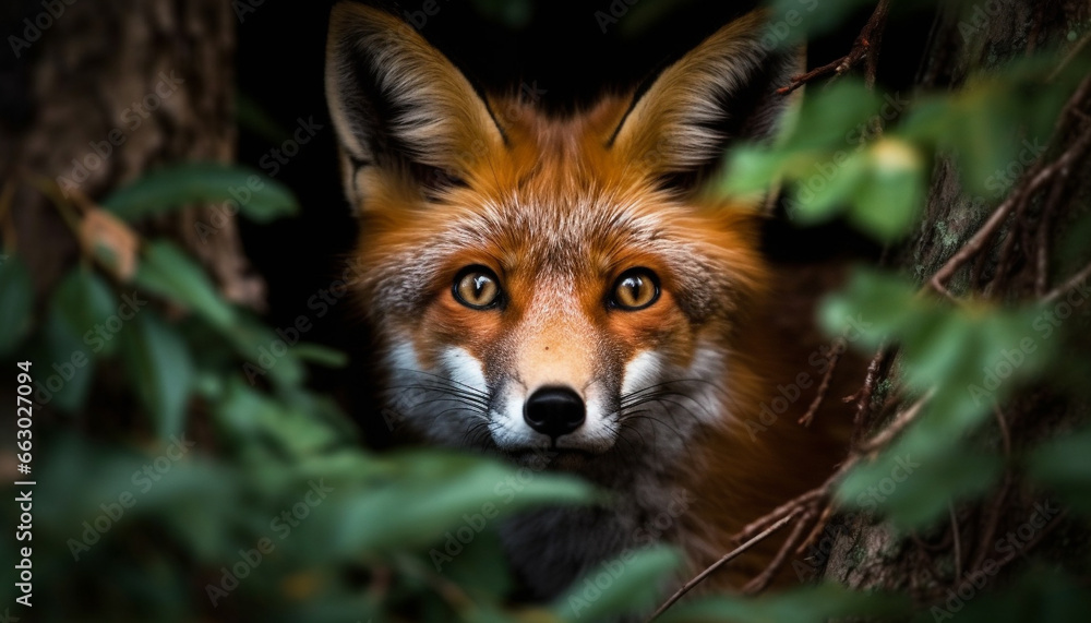 Fototapeta premium Cute young fox staring with alertness in natural wilderness area generated by AI