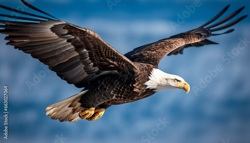 Majestic bird of prey spreads wings in mid air, hunting tranquility generated by AI © djvstock