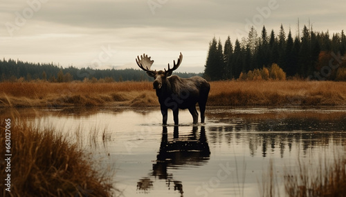 Horned elk grazes in tranquil autumn forest, reflecting natural beauty generated by AI