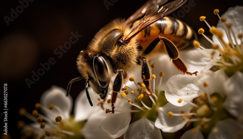 Busy honey bee collecting pollen from single flower in sunlight generated by AI © djvstock