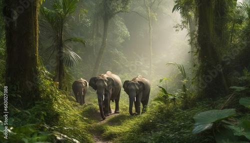 Elephant herd grazing in tranquil tropical wilderness, surrounded by greenery generated by AI