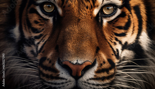 Majestic tiger staring at camera, dangerous beauty in nature portrait generated by AI