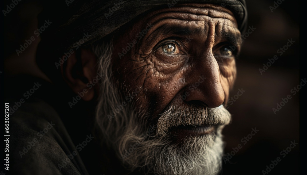 Smiling senior man with gray hair and mustache in turban generated by AI Smiling senior man with gray hair and mustache in turban generated by AI