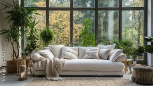 Cozy White Sofa with Plaid and Cushions on Knitted Blanket