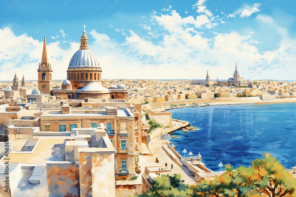 Sunny aerial view of Valletta, Malta with watercolor digital painting capturing the travel concept. Generative AI